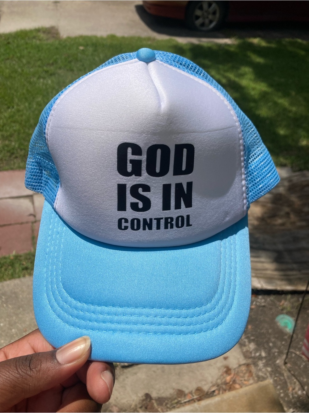 Blue & White Trucker Hat - "God Is In Control"